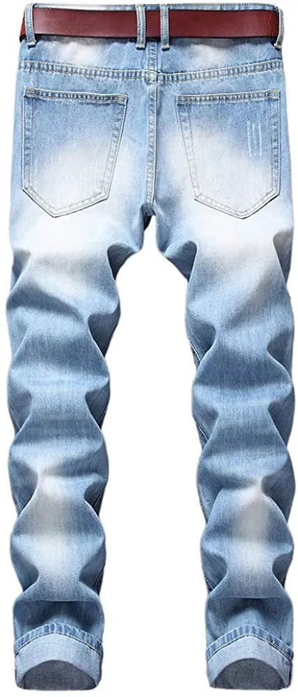 Men's Azure Blue Ripped Jeans Slim Fit Denim Pants