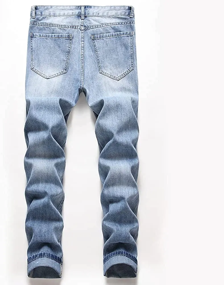 Men's Oxford Blue Ripped Jeans Slim Fit Denim Pants