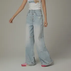 Multi-Button Ripped Wide Jeans