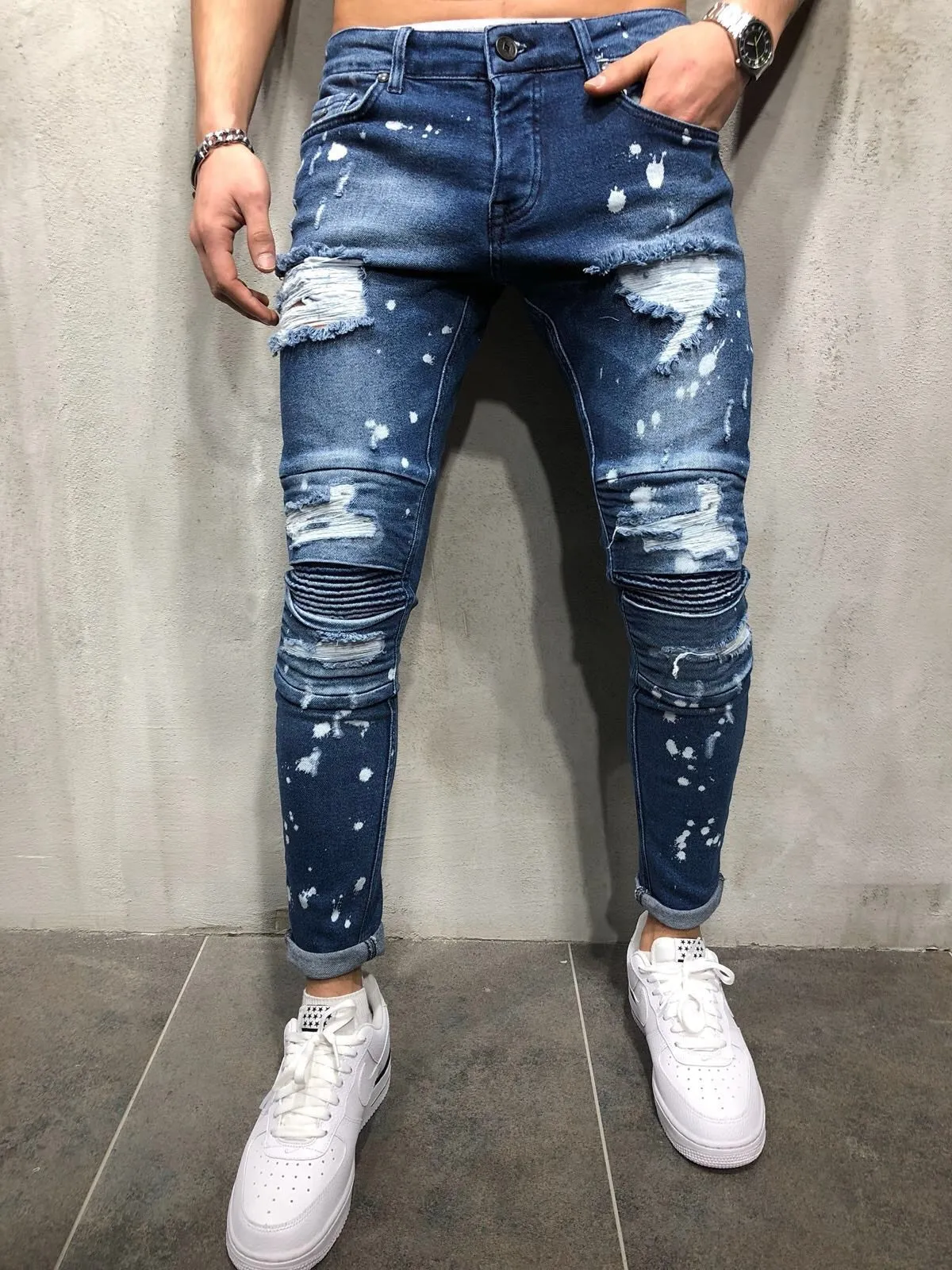 Painted Skinny Ripped Pleated Knee Denim Style Men Jeans