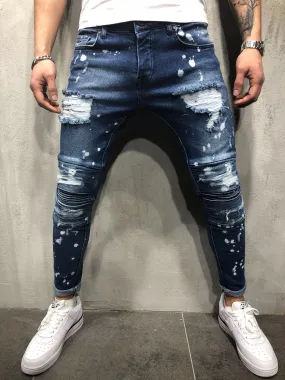 Painted Skinny Ripped Pleated Knee Denim Style Men Jeans