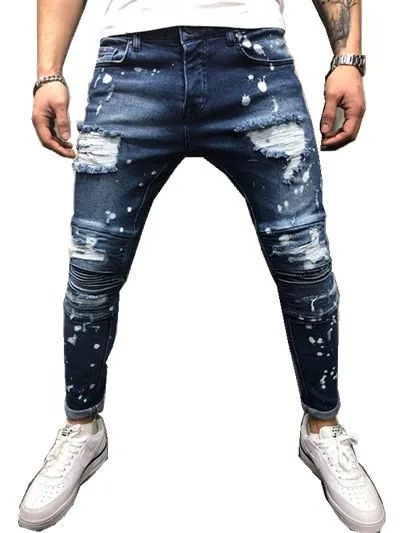 Painted Skinny Ripped Pleated Knee Denim Style Men Jeans