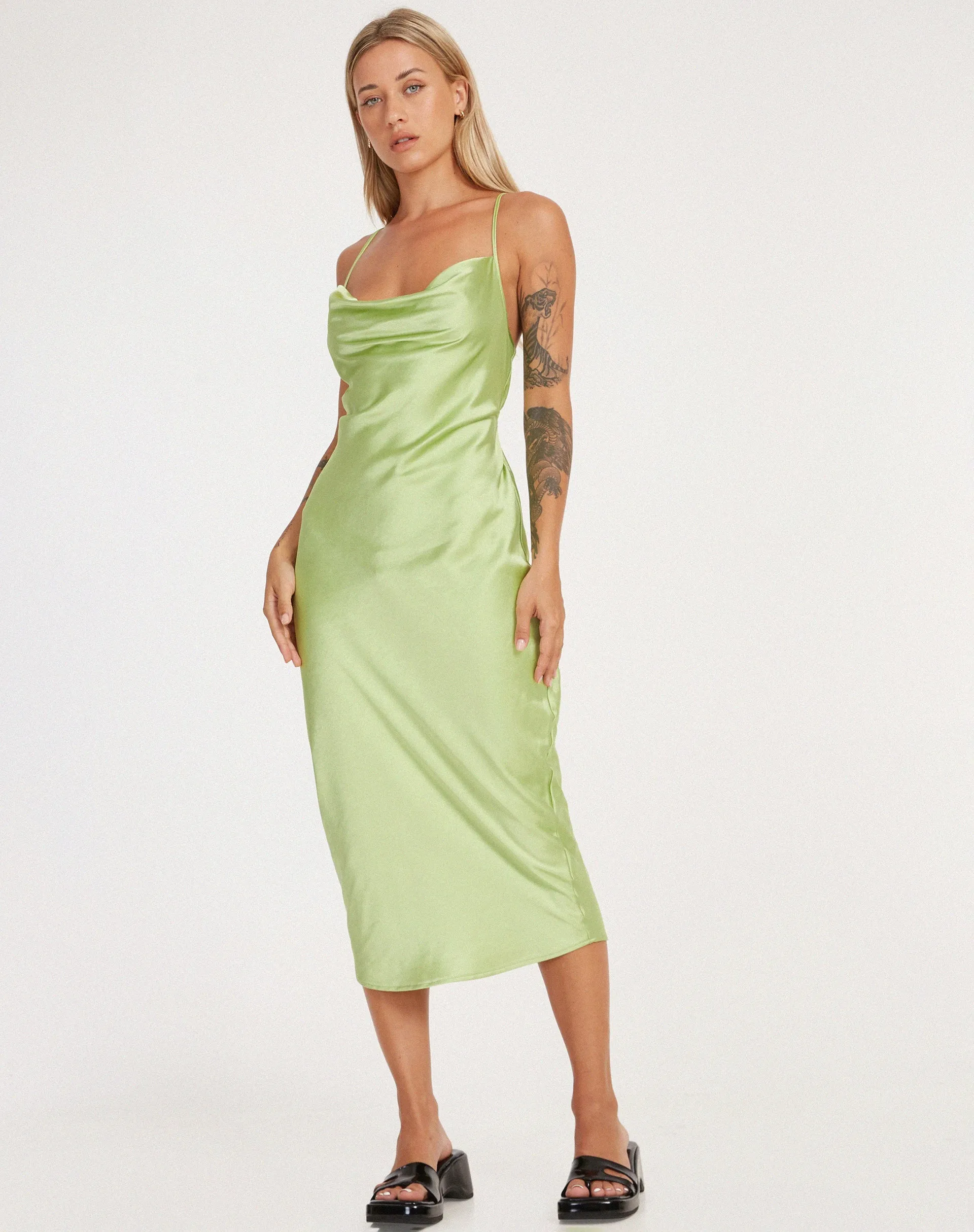 Palasha Midi Dress in Satin Lime Green