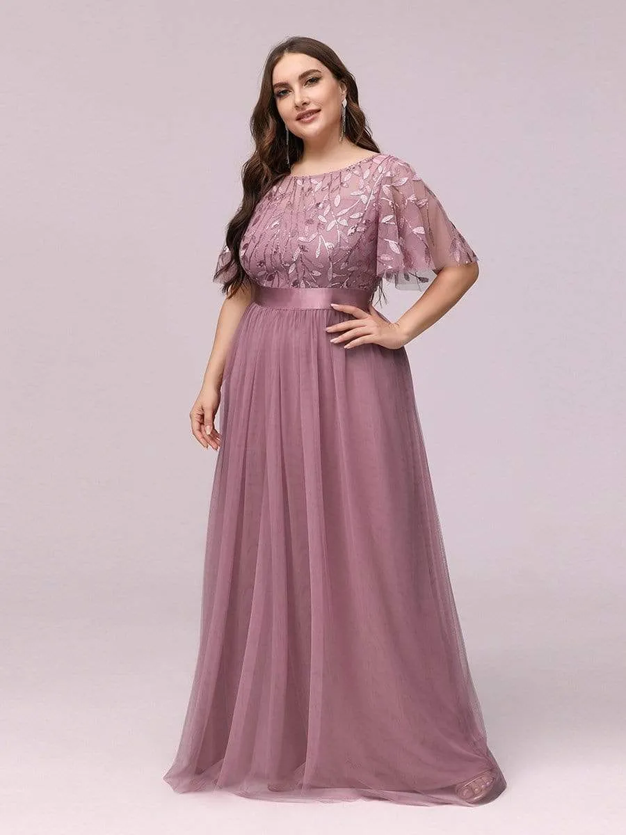 Plus Size Women's Embroidery Evening Dresses with Short Sleeve