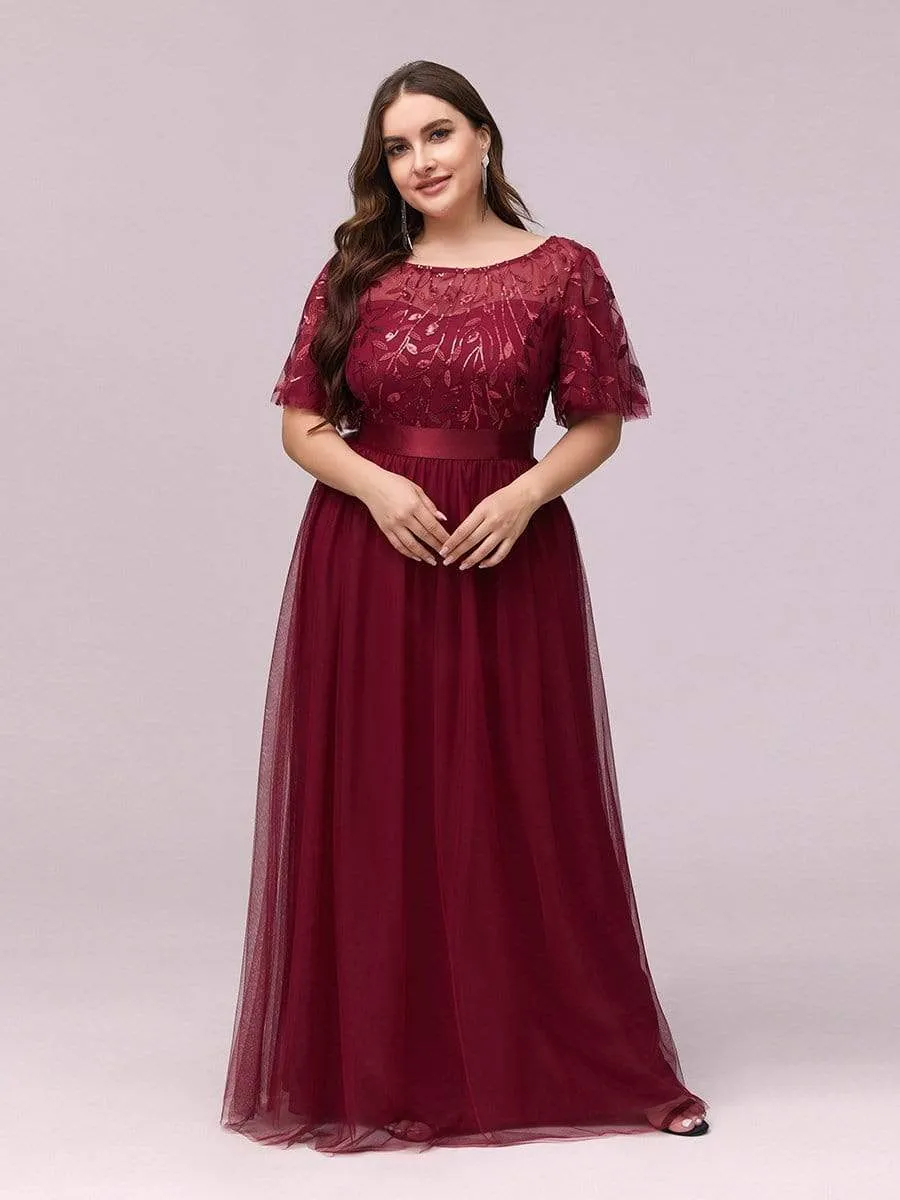 Plus Size Women's Embroidery Evening Dresses with Short Sleeve