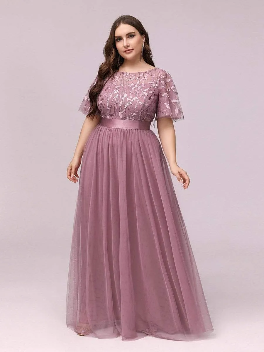 Plus Size Women's Embroidery Evening Dresses with Short Sleeve