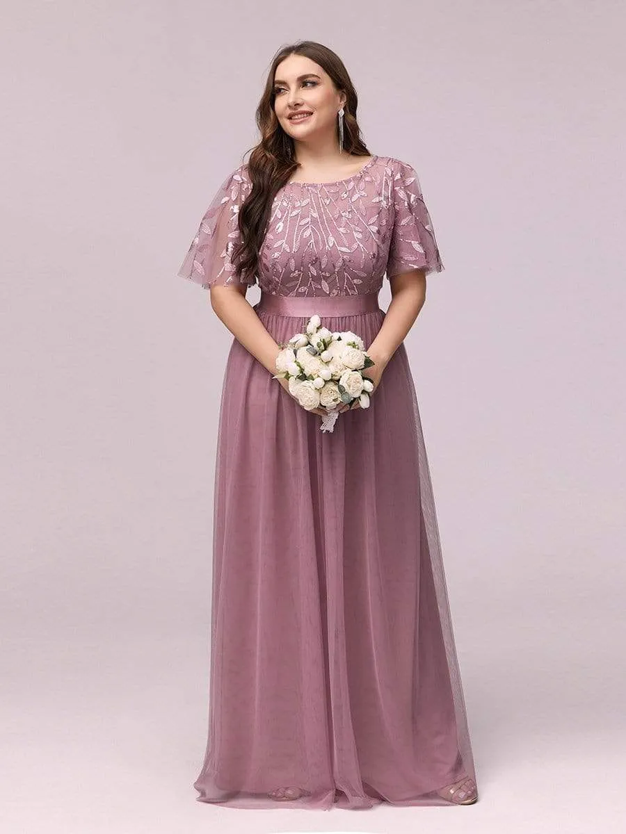 Plus Size Women's Embroidery Evening Dresses with Short Sleeve