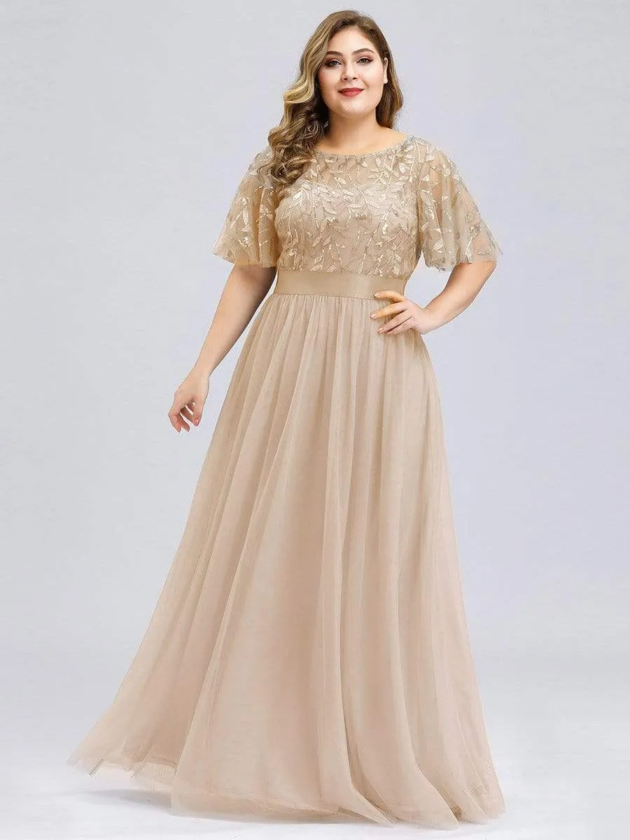 Plus Size Women's Embroidery Evening Dresses with Short Sleeve