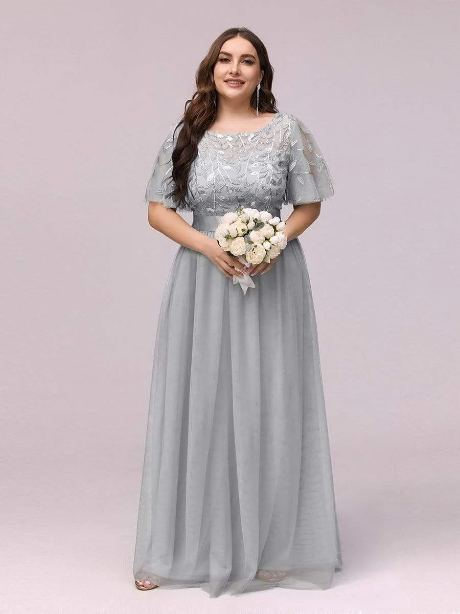 Plus Size Women's Embroidery Evening Dresses with Short Sleeve