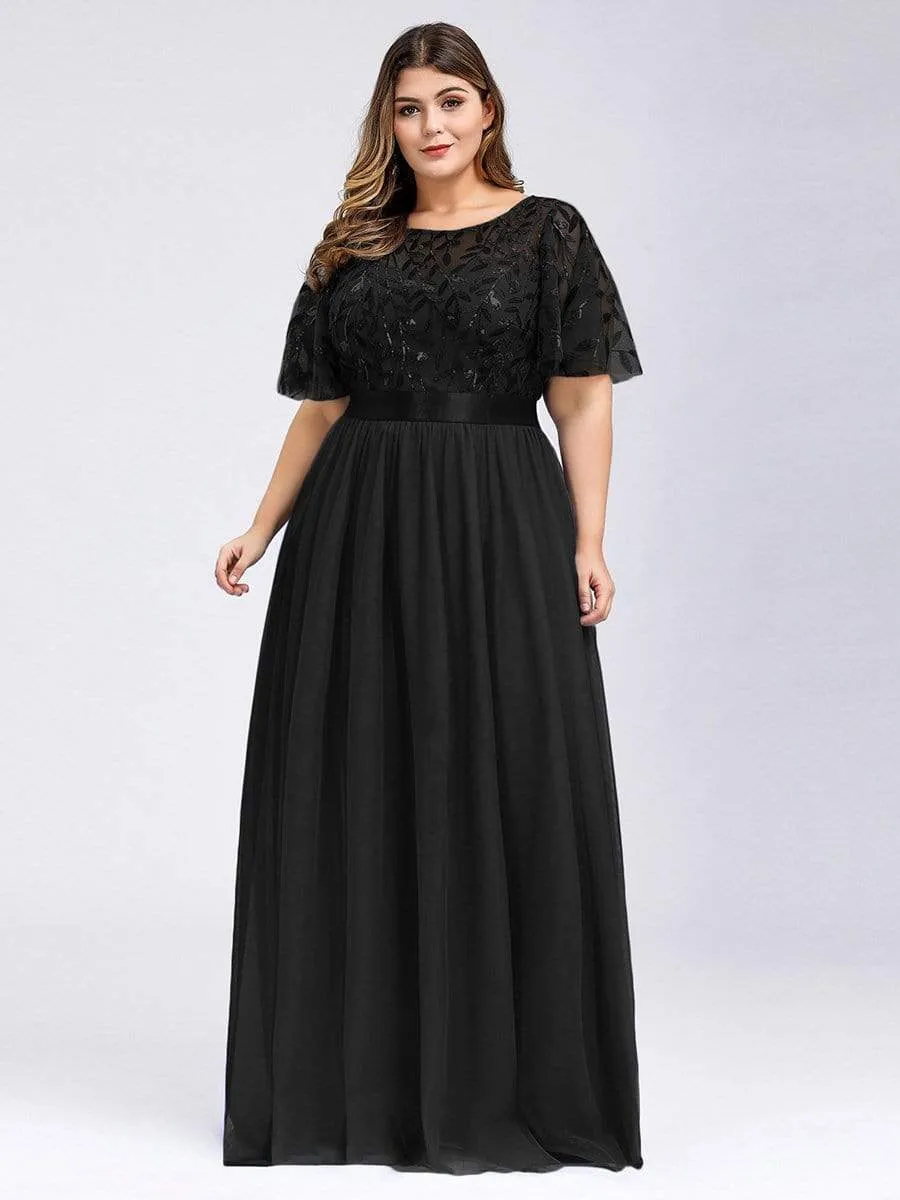 Plus Size Women's Embroidery Evening Dresses with Short Sleeve