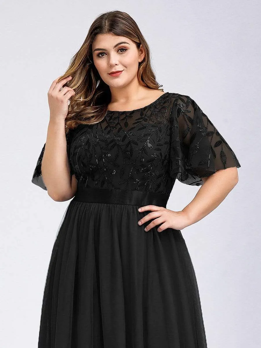 Plus Size Women's Embroidery Evening Dresses with Short Sleeve