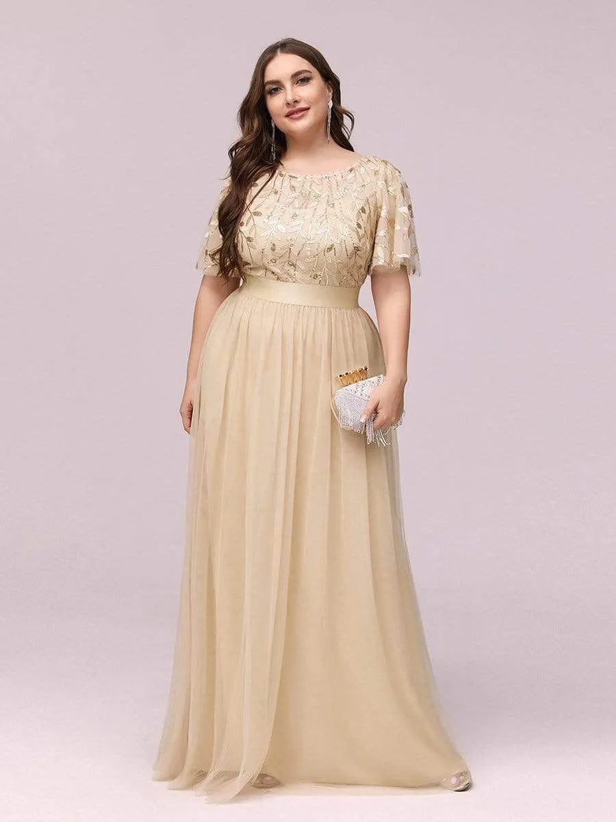 Plus Size Women's Embroidery Evening Dresses with Short Sleeve