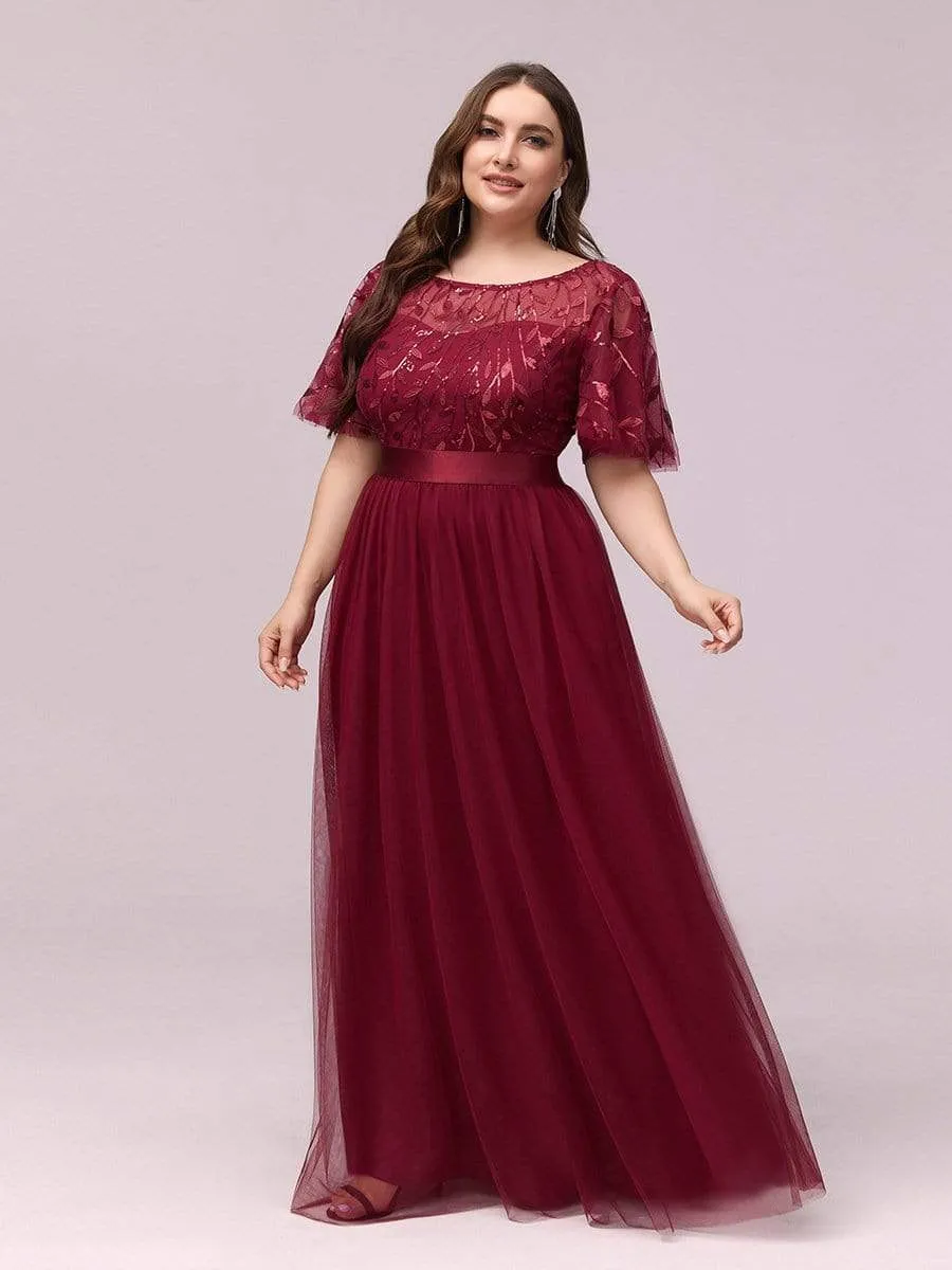 Plus Size Women's Embroidery Evening Dresses with Short Sleeve