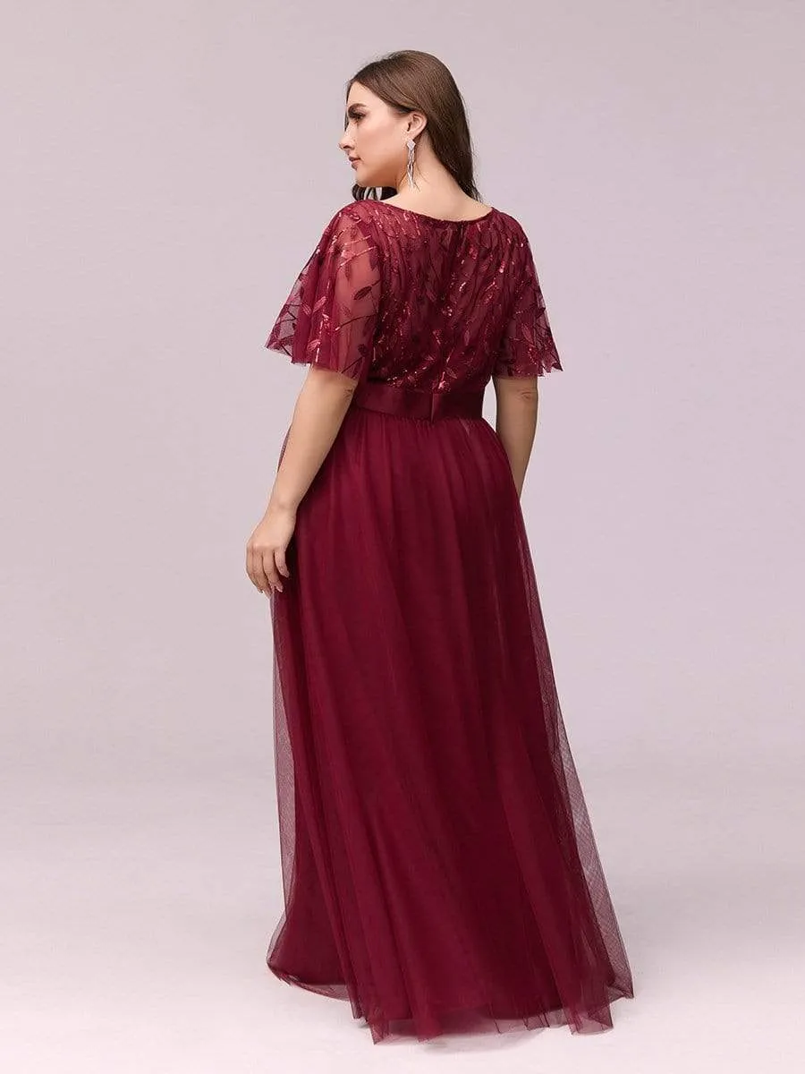 Plus Size Women's Embroidery Evening Dresses with Short Sleeve