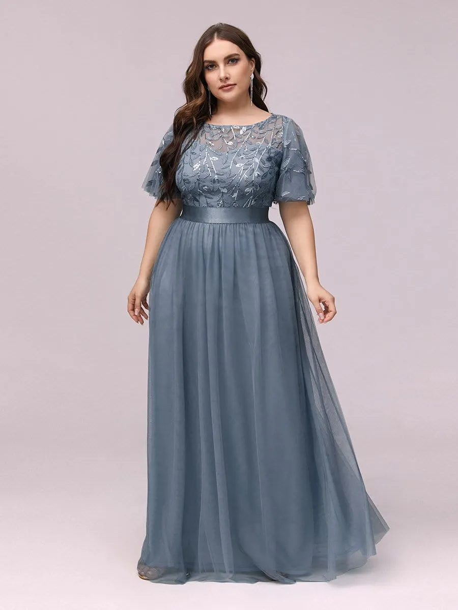 Plus Size Women's Embroidery Evening Dresses with Short Sleeve