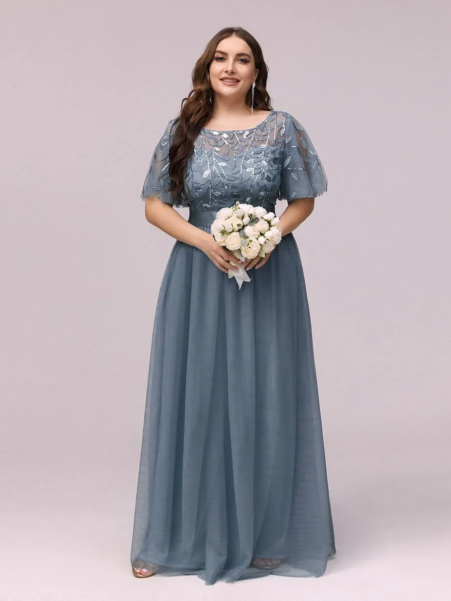 Plus Size Women's Embroidery Evening Dresses with Short Sleeve