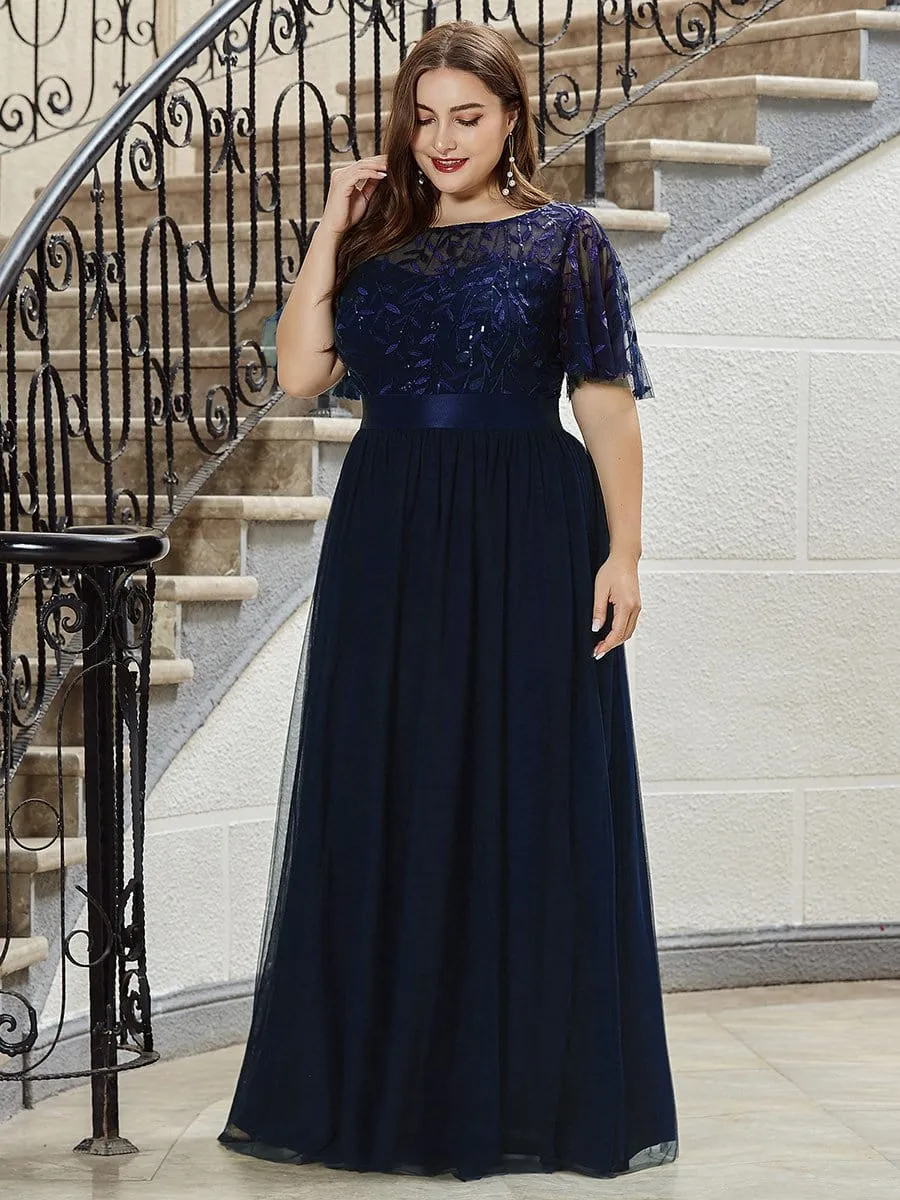 Plus Size Women's Embroidery Evening Dresses with Short Sleeve