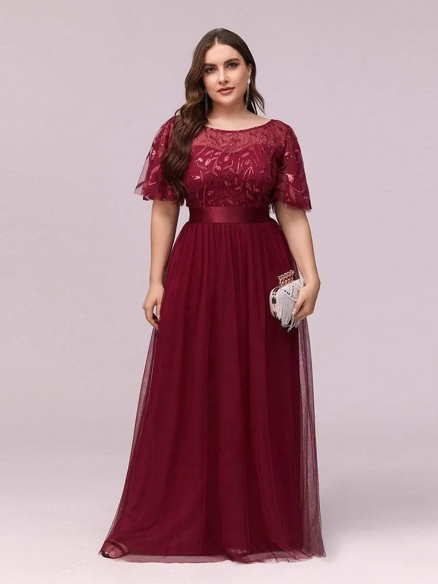 Plus Size Women's Embroidery Evening Dresses with Short Sleeve