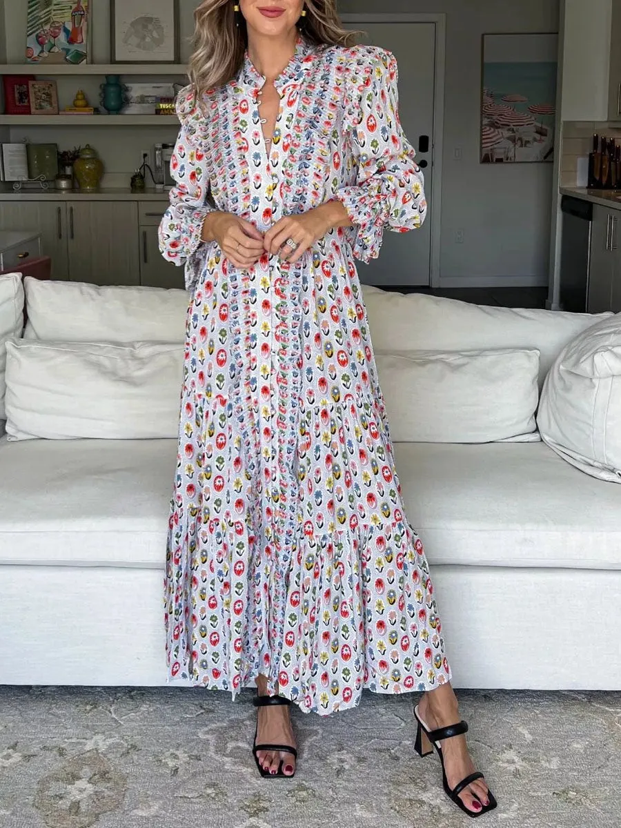 Printed Ruffe Button Up Long Sleeve Dress