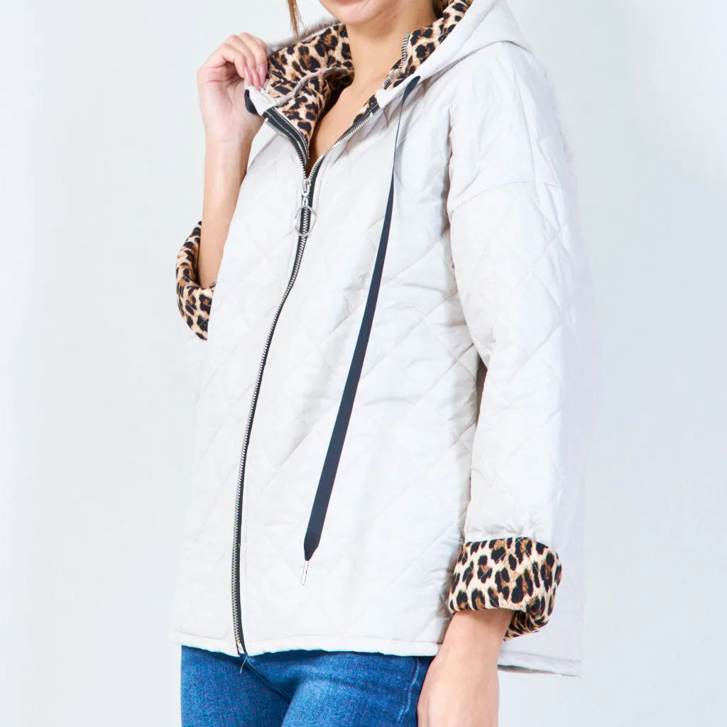 Quilted hooded jacket with animal print lining wholesale