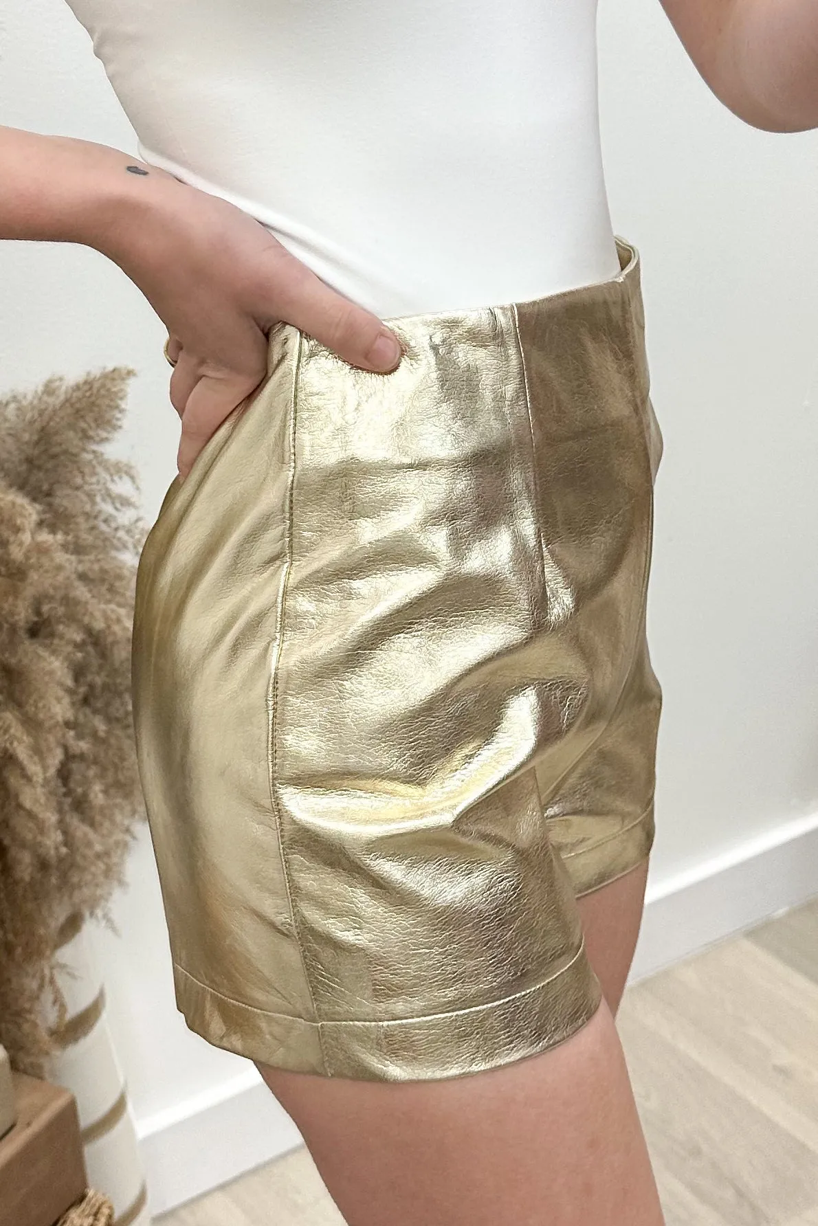 "Never Too Late" Faux Leather Shorts (Gold)