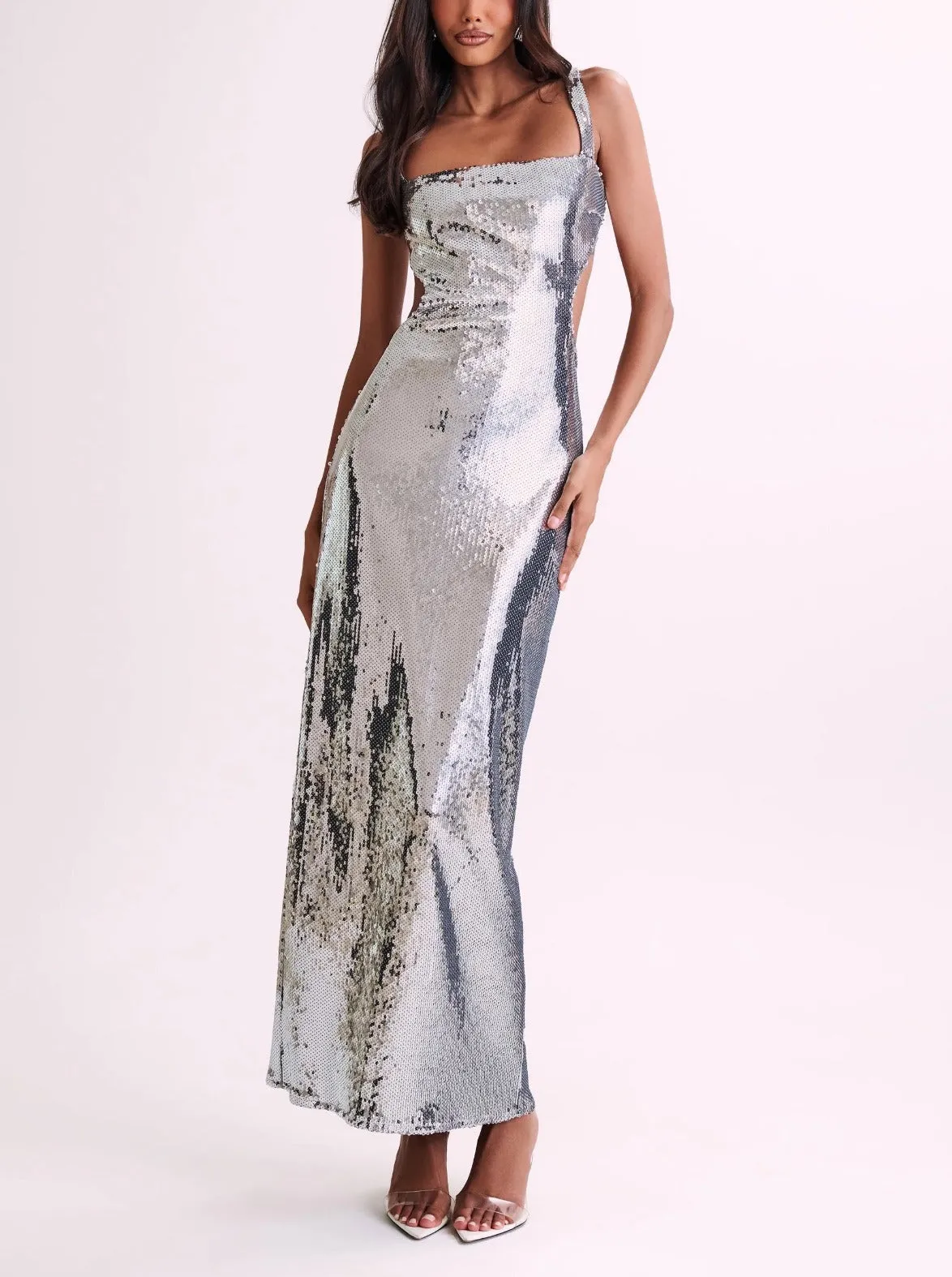 Sequin Cut Out Maxi Dress - Silver