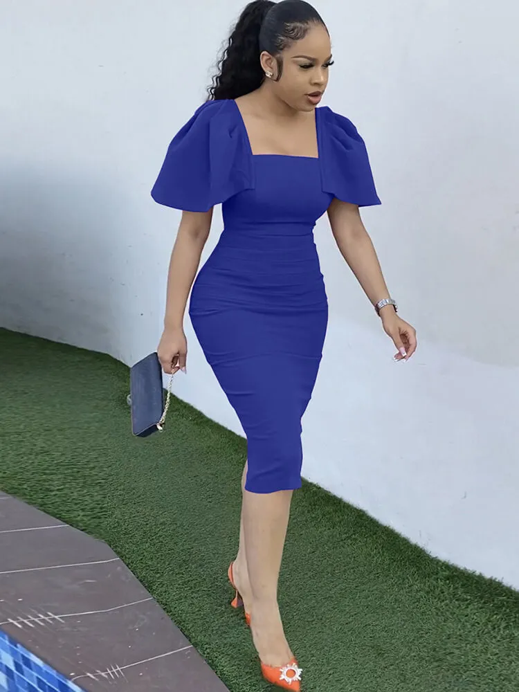 Short Sleeve Ruffle Ruched Bodycon Midi Dresses