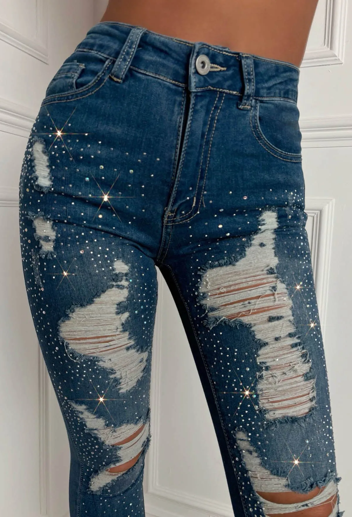 Sparkle Days Dark Blue Sparkle Ripped Stretch Jeans