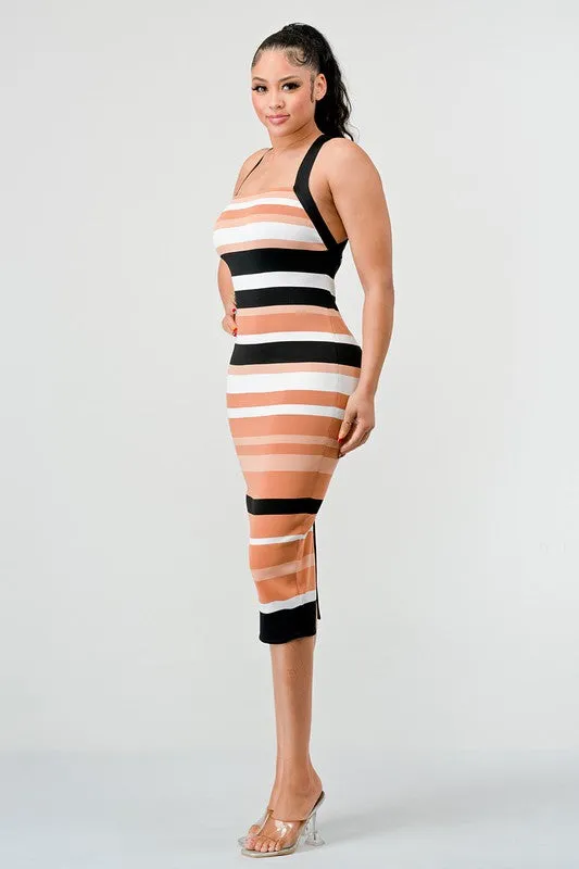 STRIPED BANDAGE MIDI DRESS