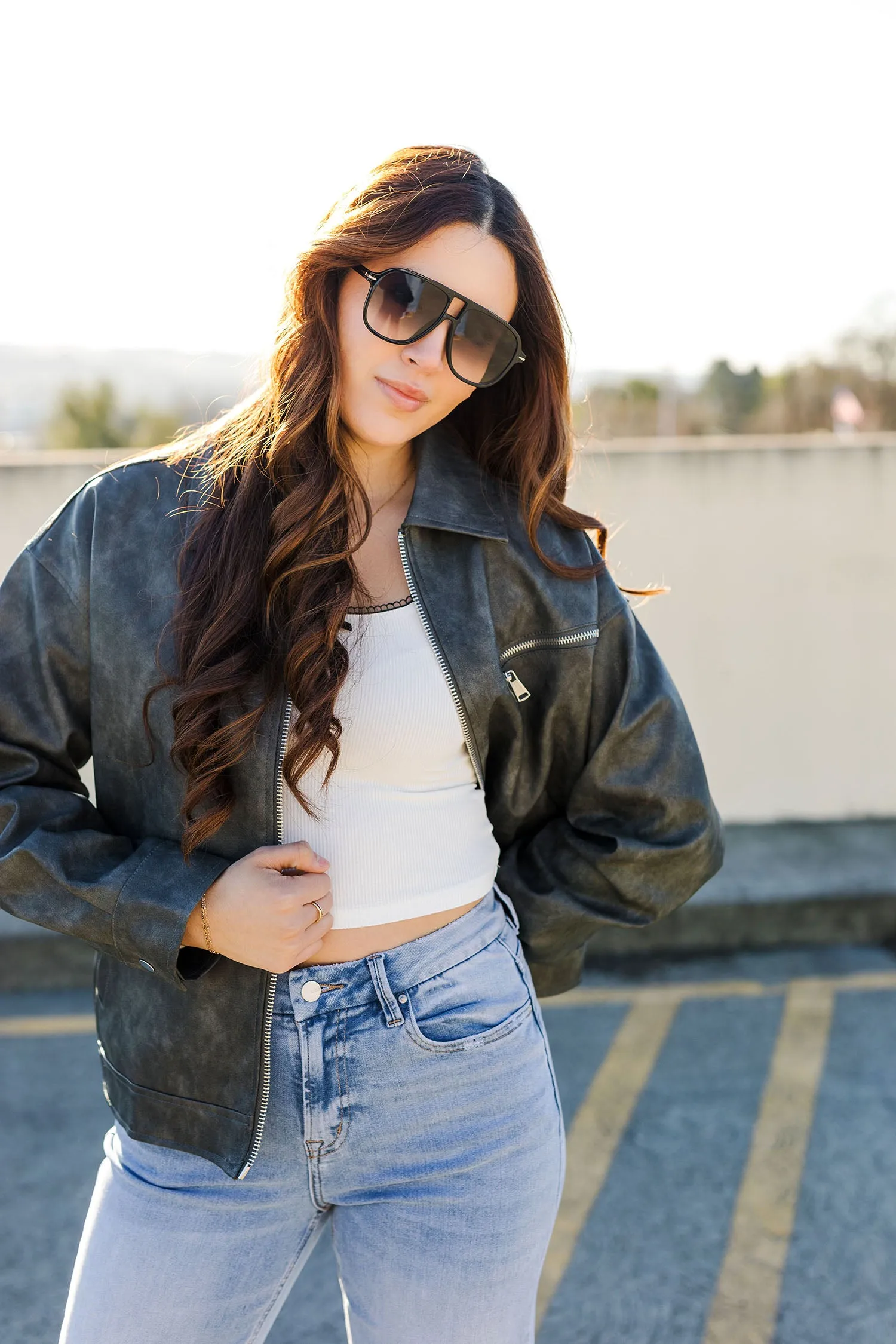 The Baby Is Back Gray Faux Leather Bomber Jacket