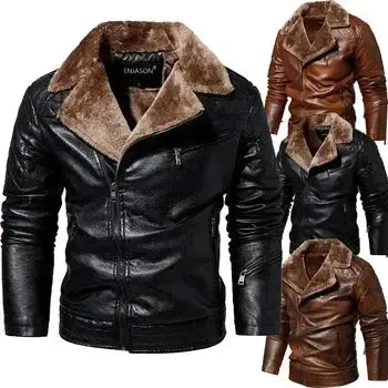 Vintage Brown Leather Jacket Men's Winter Faux Fur Collar Windproof Warm Coat Men's Luxury Clothing Brand chaqueta cuero hombre