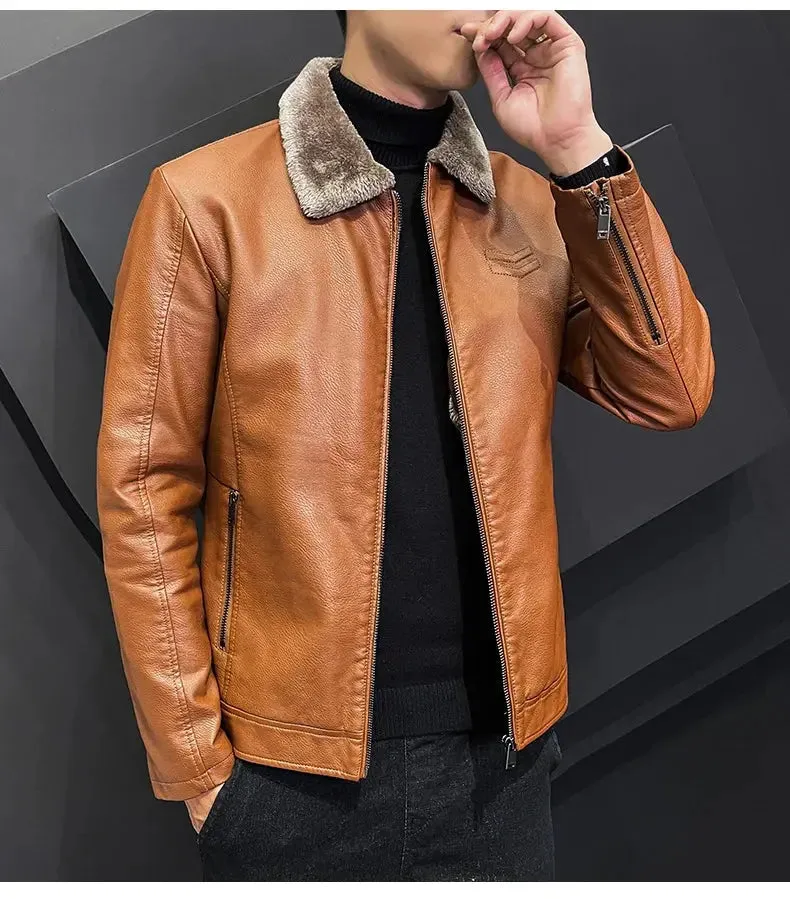 Vintage Brown Leather Jacket Men's Winter Faux Fur Collar Windproof Warm Coat Men's Luxury Clothing Brand chaqueta cuero hombre