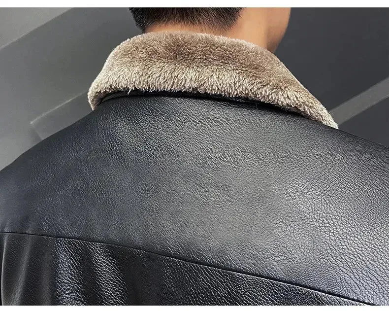 Vintage Brown Leather Jacket Men's Winter Faux Fur Collar Windproof Warm Coat Men's Luxury Clothing Brand chaqueta cuero hombre