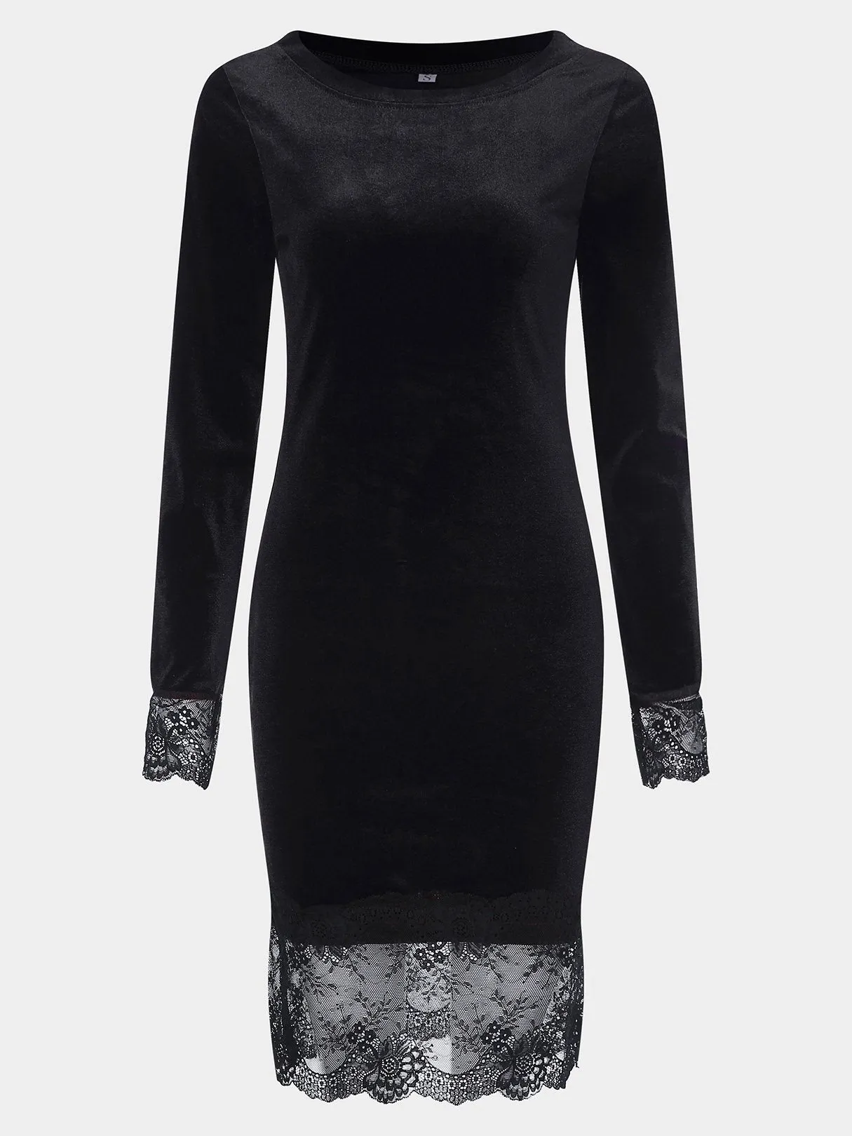 Wholesale Black Bateau Long Sleeve Lace Stitching Hem Midi Dress