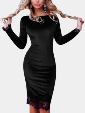 Wholesale Black Bateau Long Sleeve Lace Stitching Hem Midi Dress