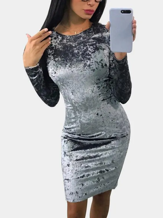 Wholesale Grey Deep V-Neck Long Sleeve Plain Zip Back Slit Midi Dress