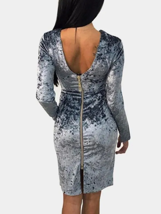 Wholesale Grey Deep V-Neck Long Sleeve Plain Zip Back Slit Midi Dress