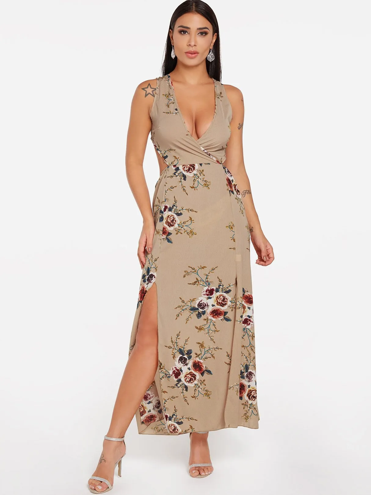 Wholesale Khaki Sleeveless Floral Print Backless Self-Tie Slit Hem Maxi Dress