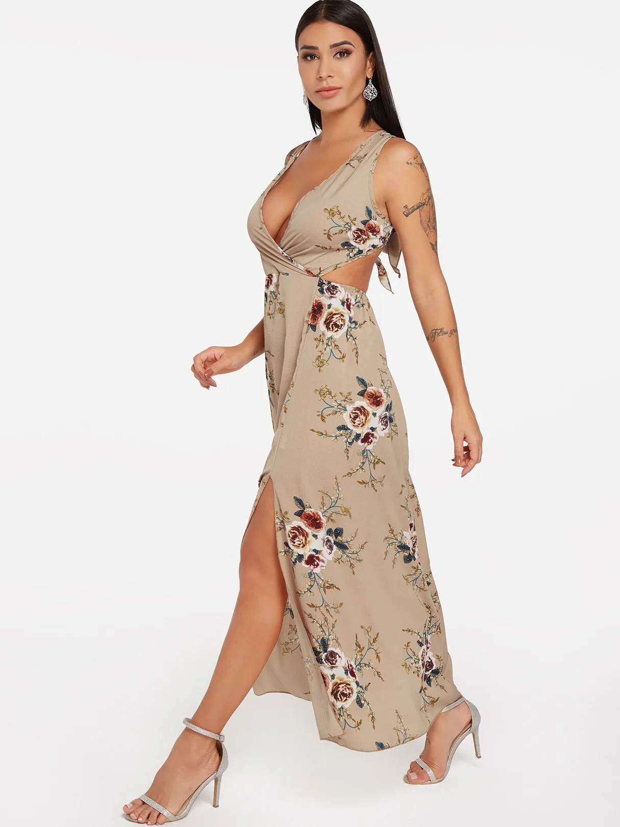 Wholesale Khaki Sleeveless Floral Print Backless Self-Tie Slit Hem Maxi Dress