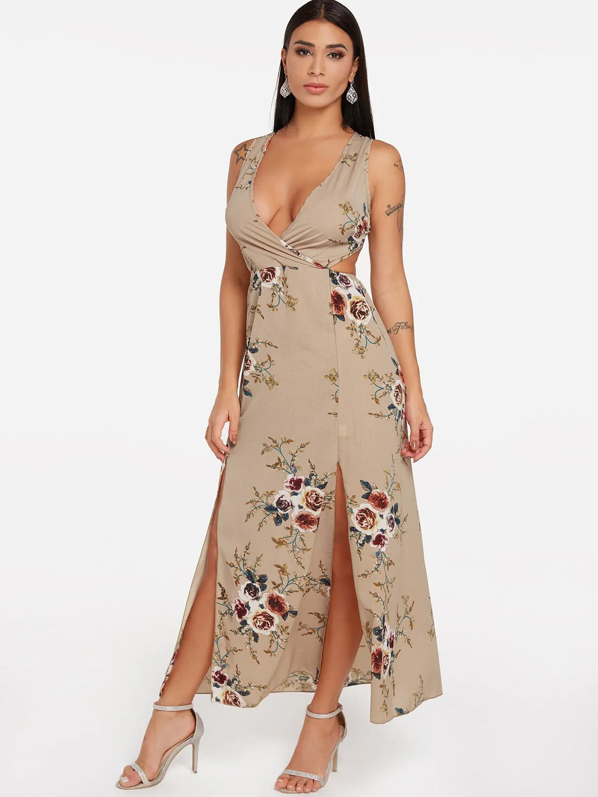 Wholesale Khaki Sleeveless Floral Print Backless Self-Tie Slit Hem Maxi Dress