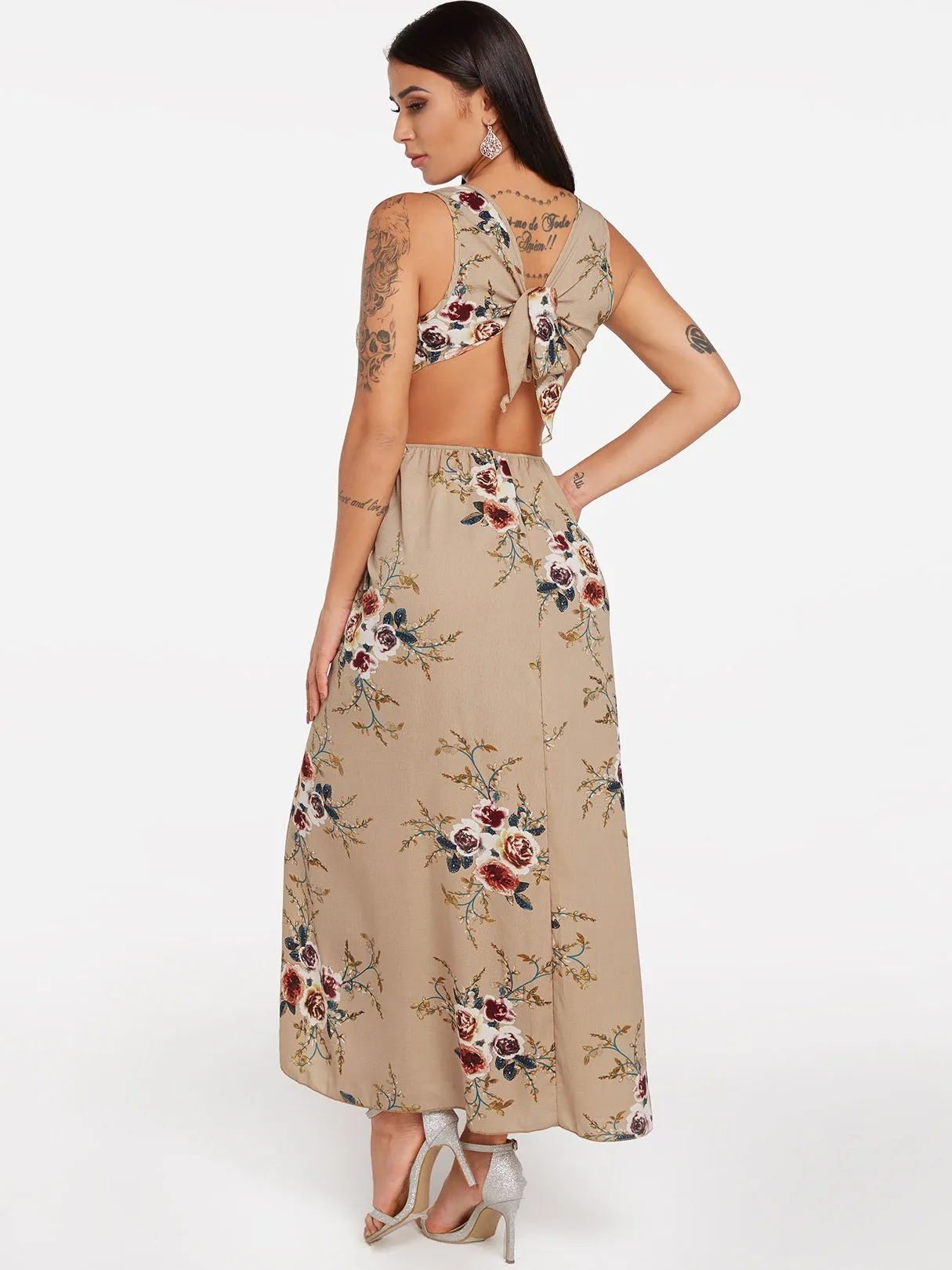 Wholesale Khaki Sleeveless Floral Print Backless Self-Tie Slit Hem Maxi Dress