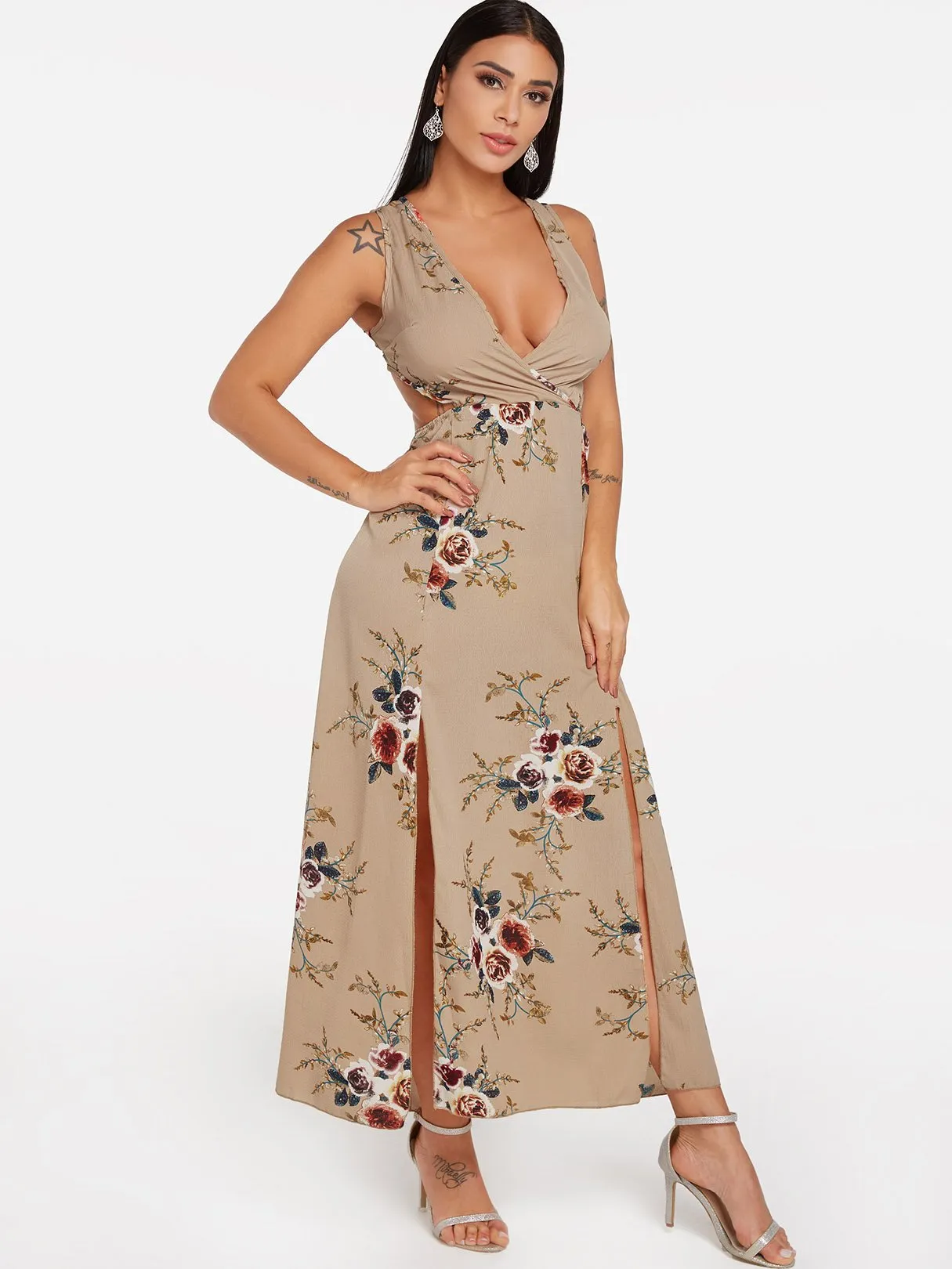 Wholesale Khaki Sleeveless Floral Print Backless Self-Tie Slit Hem Maxi Dress