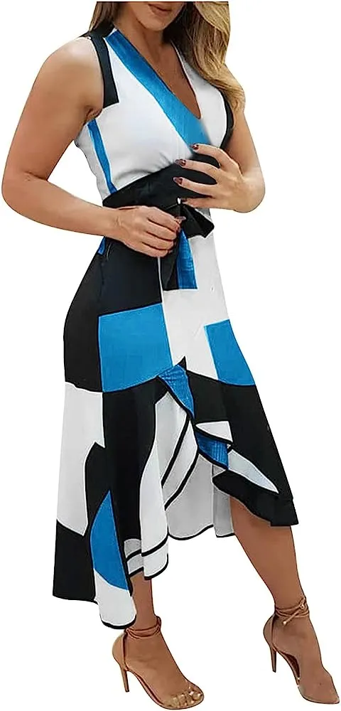 Women Split Maxi Sleeveless Irregular Asymmetrical Dress Dress Ruffle Print Work Aline Fall Dresses Casual Flowy Blue X4546437